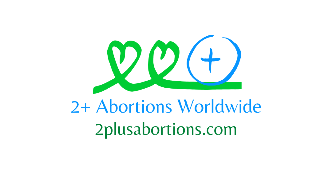 Green heart outlines and a blue plus illustration above text: 2+ Abortions Worldwide 2plusabortions.com